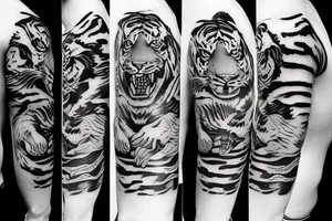 tattoo on full arm with tiger sushi and knife tattoo idea
