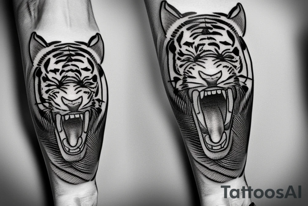 tattoo on full arm with tiger sushi and knife tattoo idea