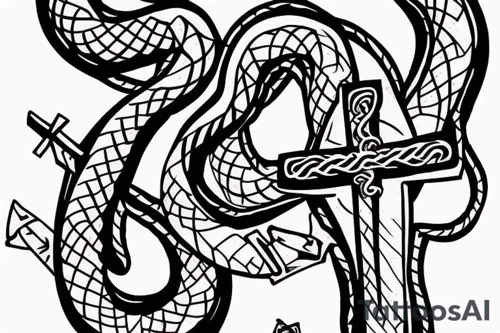 Snake wrapped around the base of a cross with its head impaled on the bottom of the cross tattoo idea