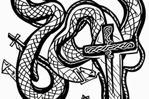 Snake wrapped around the base of a cross with its head impaled on the bottom of the cross tattoo idea