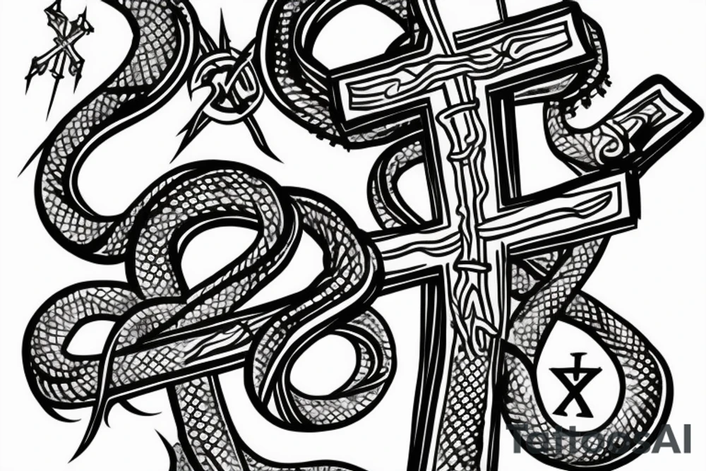 Snake wrapped around the base of a cross with its head impaled on the bottom of the cross tattoo idea