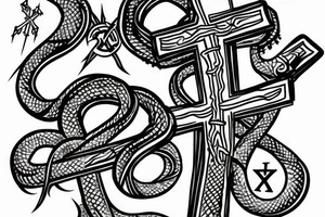 Snake wrapped around the base of a cross with its head impaled on the bottom of the cross tattoo idea