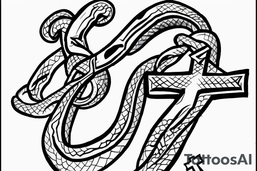 Snake wrapped around the base of a cross with its head impaled on the bottom of the cross tattoo idea