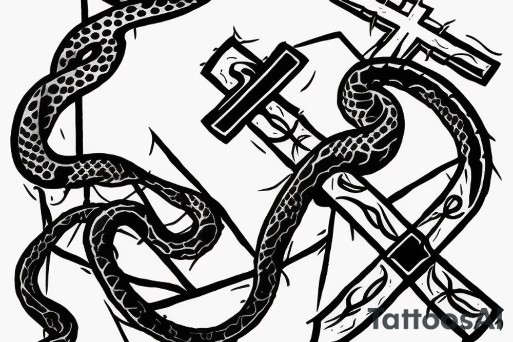 Snake wrapped around the base of a cross with its head impaled on the bottom of the cross tattoo idea