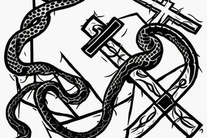 Snake wrapped around the base of a cross with its head impaled on the bottom of the cross tattoo idea