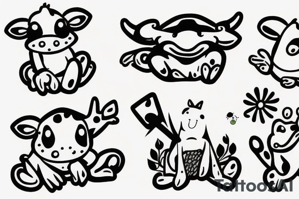 cute little cow with a frog on its head tattoo idea