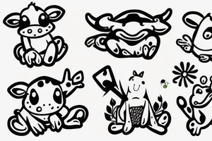 cute little cow with a frog on its head tattoo idea