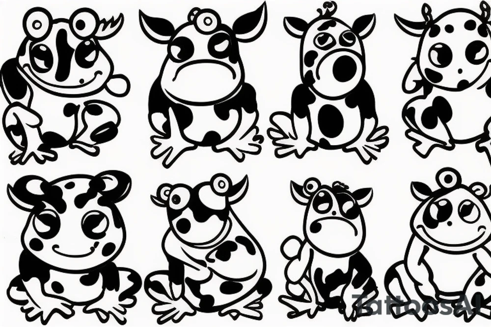 cute little cow with a frog on its head tattoo idea