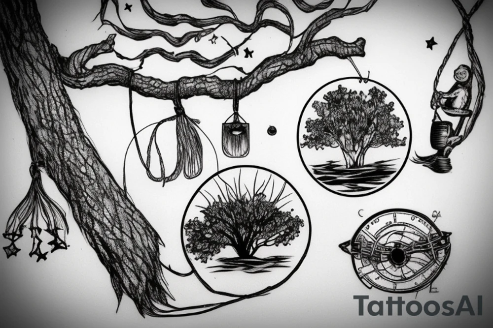 A tree with a fishing line hanging from a lower branch, with a tire on a rope on another branch, with water and fish, and animal life and stars tattoo idea
