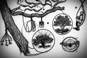 A tree with a fishing line hanging from a lower branch, with a tire on a rope on another branch, with water and fish, and animal life and stars tattoo idea