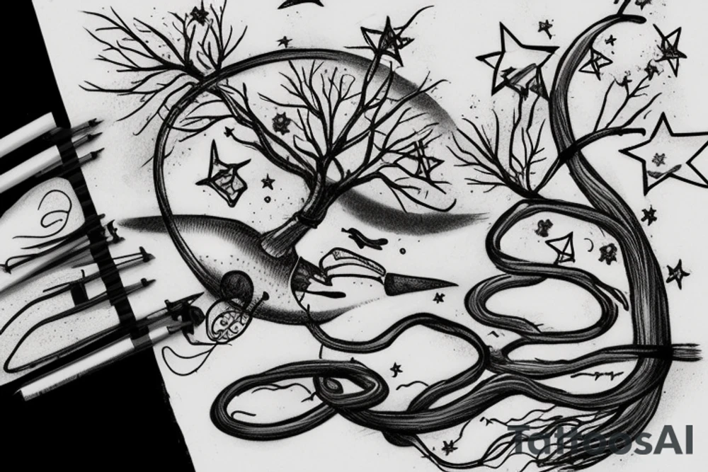 A tree with a fishing line hanging from a lower branch, with a tire on a rope on another branch, with water and fish, and animal life and stars tattoo idea