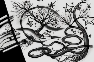 A tree with a fishing line hanging from a lower branch, with a tire on a rope on another branch, with water and fish, and animal life and stars tattoo idea