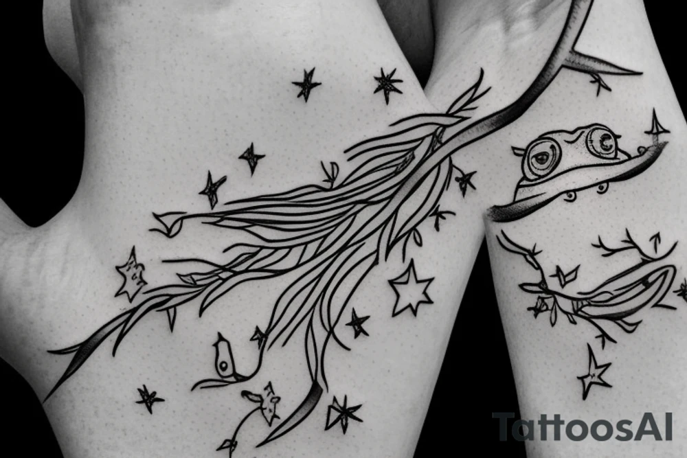 A forearm tatoo of a small tree with a fishing line with a hook hanging from a lower branch, with small stars above the tree, and water and fish and a frog below the tree. tattoo idea