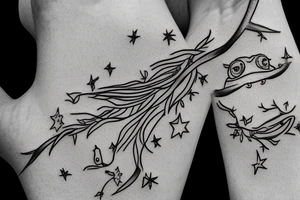 A forearm tatoo of a small tree with a fishing line with a hook hanging from a lower branch, with small stars above the tree, and water and fish and a frog below the tree. tattoo idea