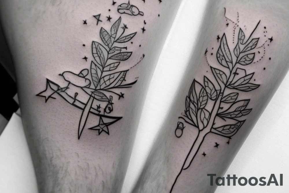 A forearm tatoo of a small tree with a fishing line with a hook hanging from a lower branch, with small stars above the tree, and water and fish and a frog below the tree. tattoo idea