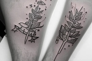 A forearm tatoo of a small tree with a fishing line with a hook hanging from a lower branch, with small stars above the tree, and water and fish and a frog below the tree. tattoo idea