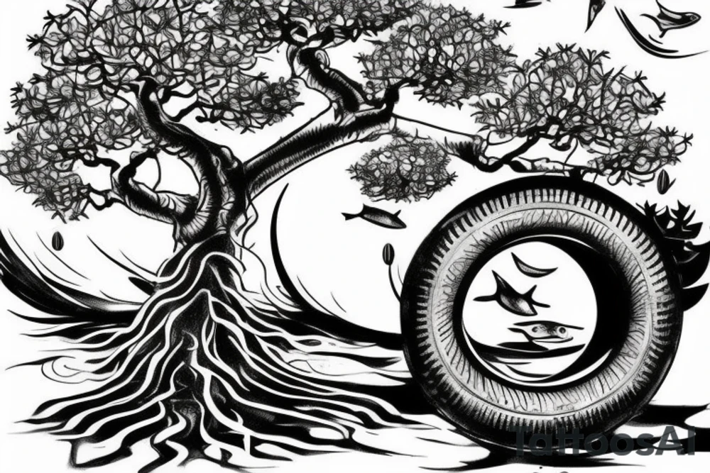 A forearm tatoo of a bonsai tree with a tire seing on it, with fish in water underneath the tree. tattoo idea