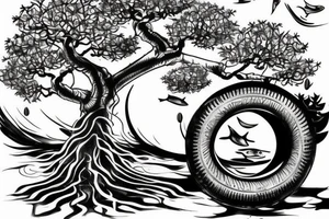 A forearm tatoo of a bonsai tree with a tire seing on it, with fish in water underneath the tree. tattoo idea