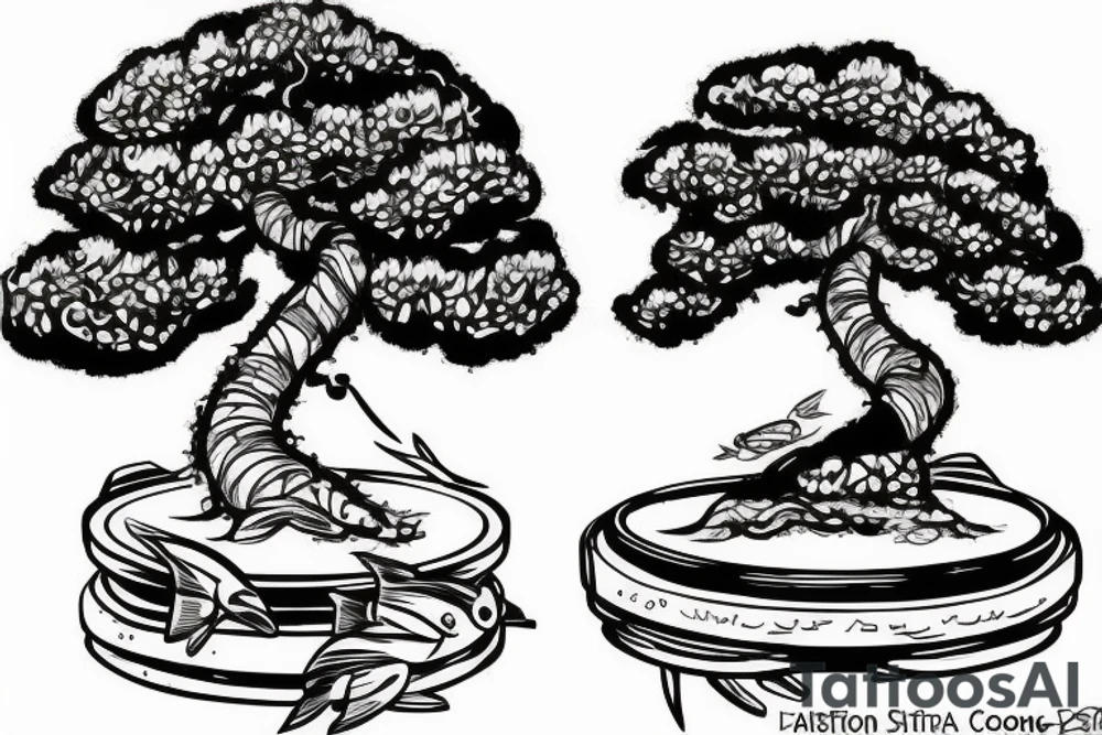 A forearm tatoo of a bonsai tree with a tire seing on it, with fish in water underneath the tree. tattoo idea