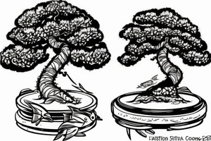 A forearm tatoo of a bonsai tree with a tire seing on it, with fish in water underneath the tree. tattoo idea