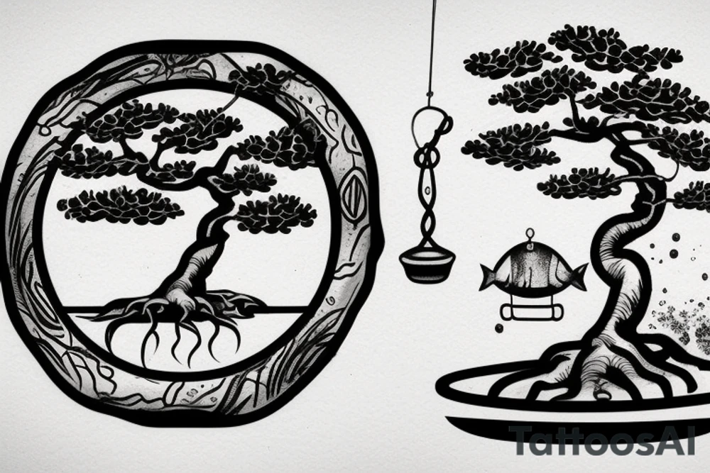 A forearm tatoo of a bonsai tree with a tire swing on it, with fish in water underneath the tree. tattoo idea