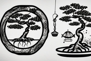 A forearm tatoo of a bonsai tree with a tire swing on it, with fish in water underneath the tree. tattoo idea