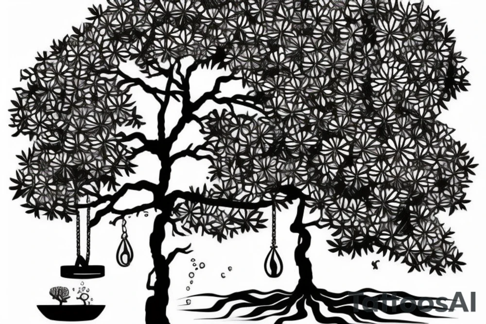 A forearm tatoo of a bonsai tree with a tire swing on it, with fish in water underneath the tree. tattoo idea