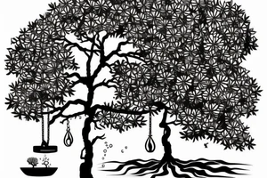 A forearm tatoo of a bonsai tree with a tire swing on it, with fish in water underneath the tree. tattoo idea
