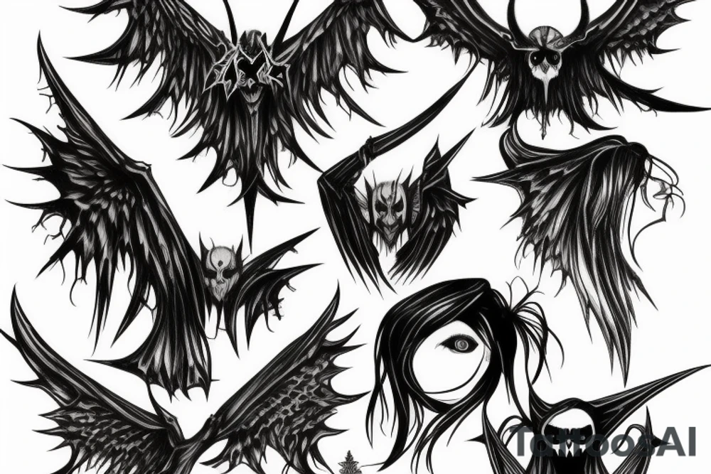 Goth emo centipede devil witch god angel sacrifice gothic blood cross bat wings eyes tattoo idea
