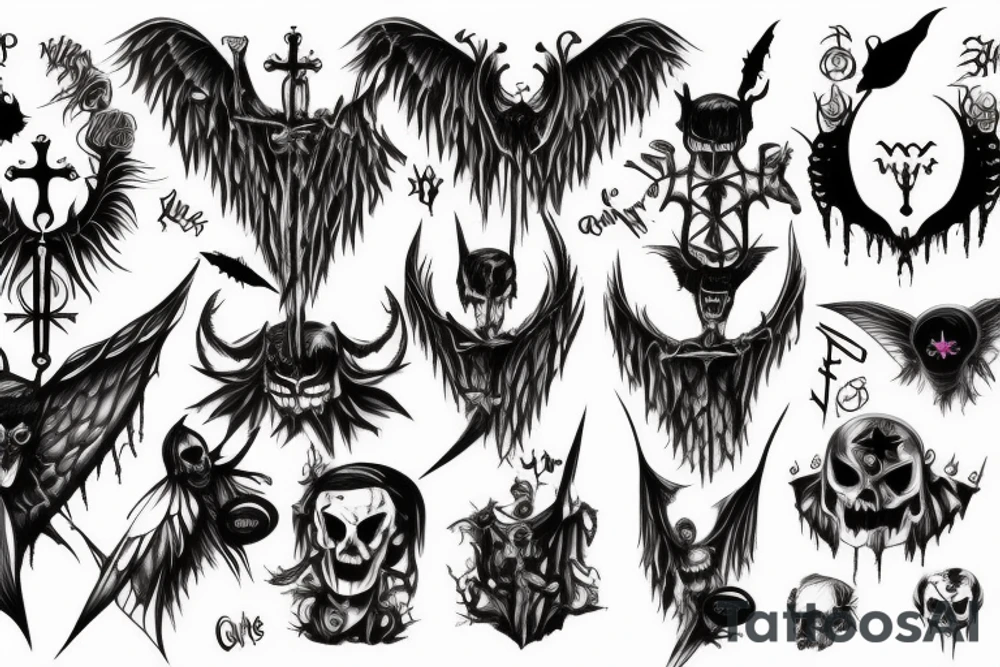 Goth emo centipede devil witch god angel sacrifice gothic blood cross bat wings eyes tattoo idea