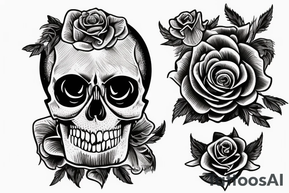 Detailed skull with rose on head tattoo idea