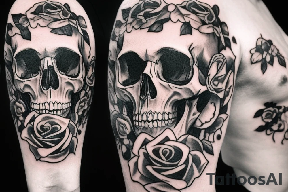 Detailed skull with rose on head tattoo idea