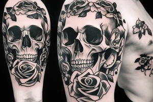 Detailed skull with rose on head tattoo idea
