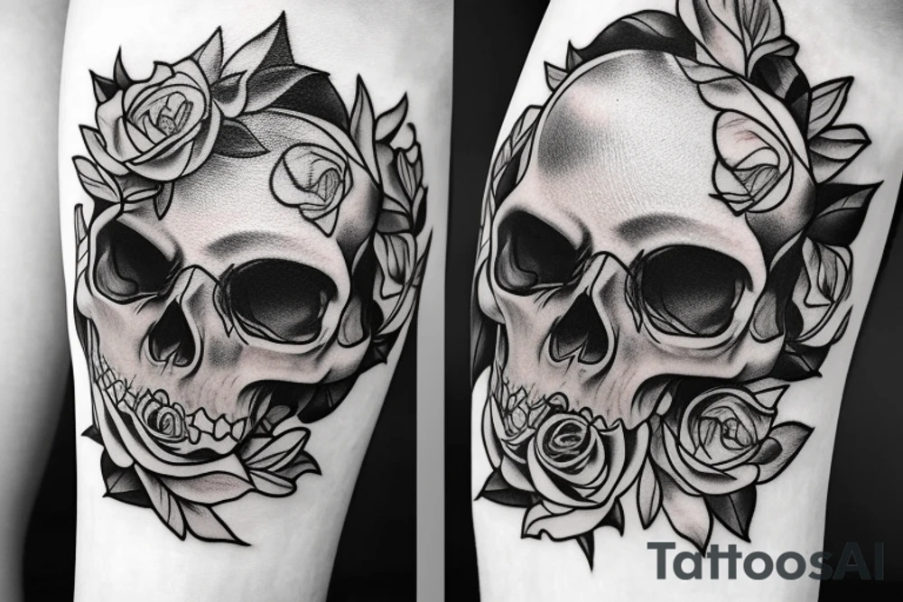 Detailed skull with rose on head tattoo idea
