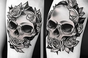 Detailed skull with rose on head tattoo idea