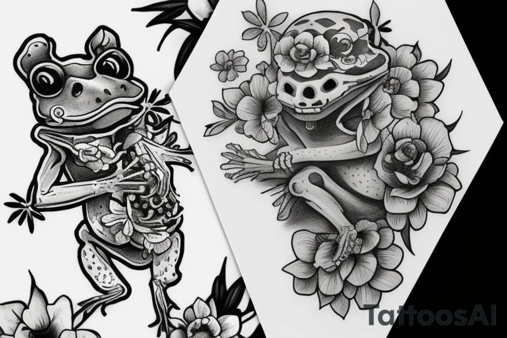 Frog holding a cat skeleton with flowers wrapping the base tattoo idea