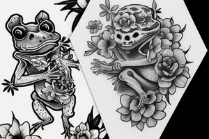 Frog holding a cat skeleton with flowers wrapping the base tattoo idea