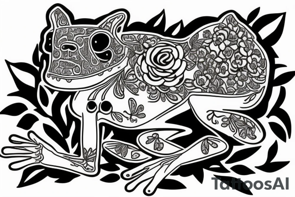 Frog holding a cat skeleton with flowers wrapping the base tattoo idea
