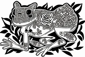 Frog holding a cat skeleton with flowers wrapping the base tattoo idea