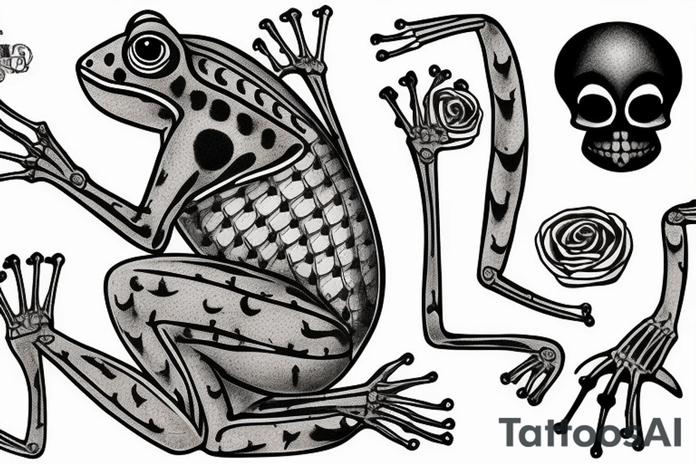 Frog holding a cat skeleton tattoo idea