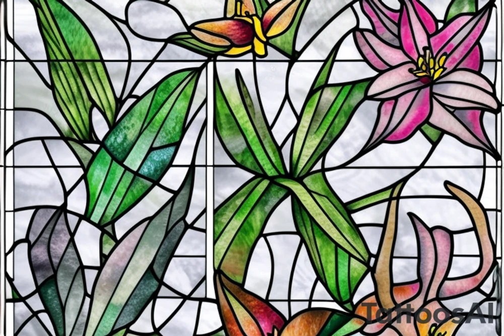 Stained glass window of a lily and leaves tattoo idea