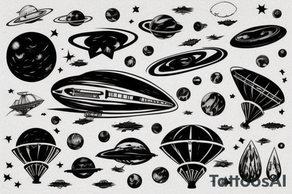 Black planets and airship tattoo idea