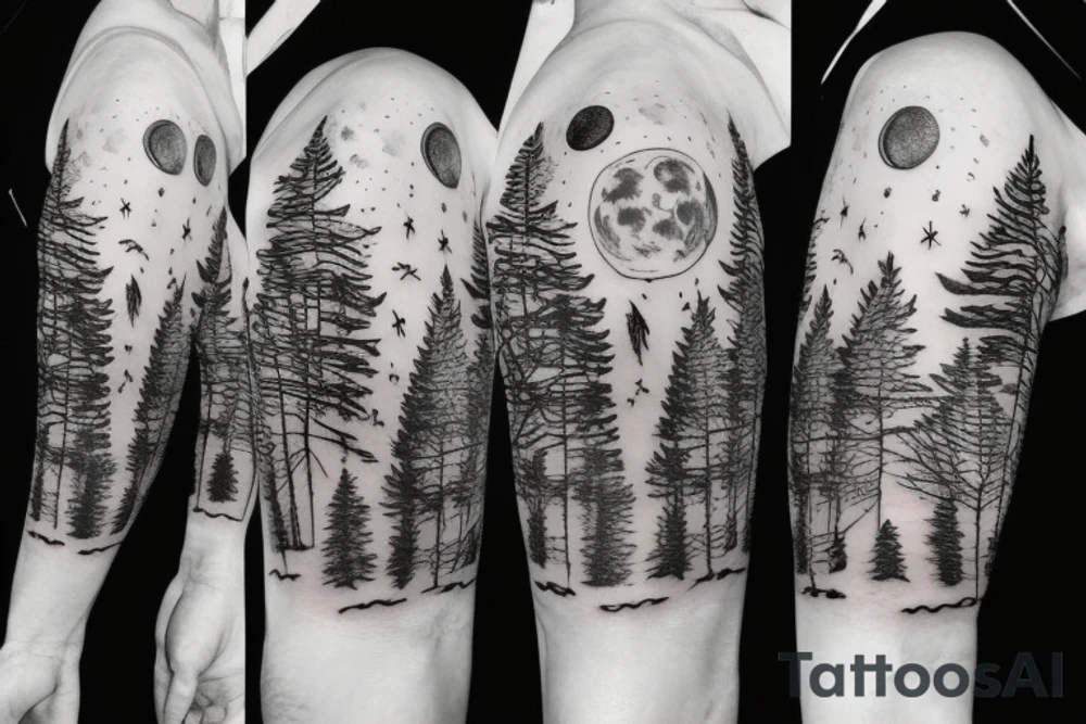 Sleeve tattoo with a wolf and lot of trees the moon tattoo idea