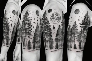 Sleeve tattoo with a wolf and lot of trees the moon tattoo idea