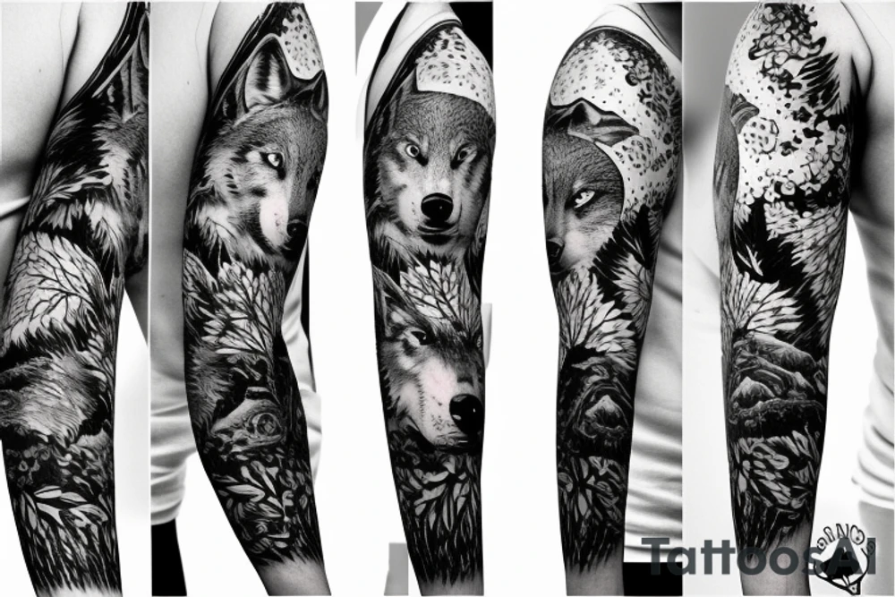 Sleeve tattoo with a wolf and lot of trees the moon tattoo idea