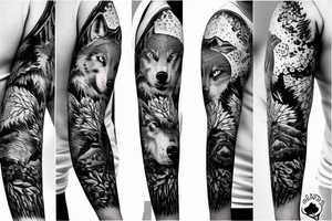 Sleeve tattoo with a wolf and lot of trees the moon tattoo idea