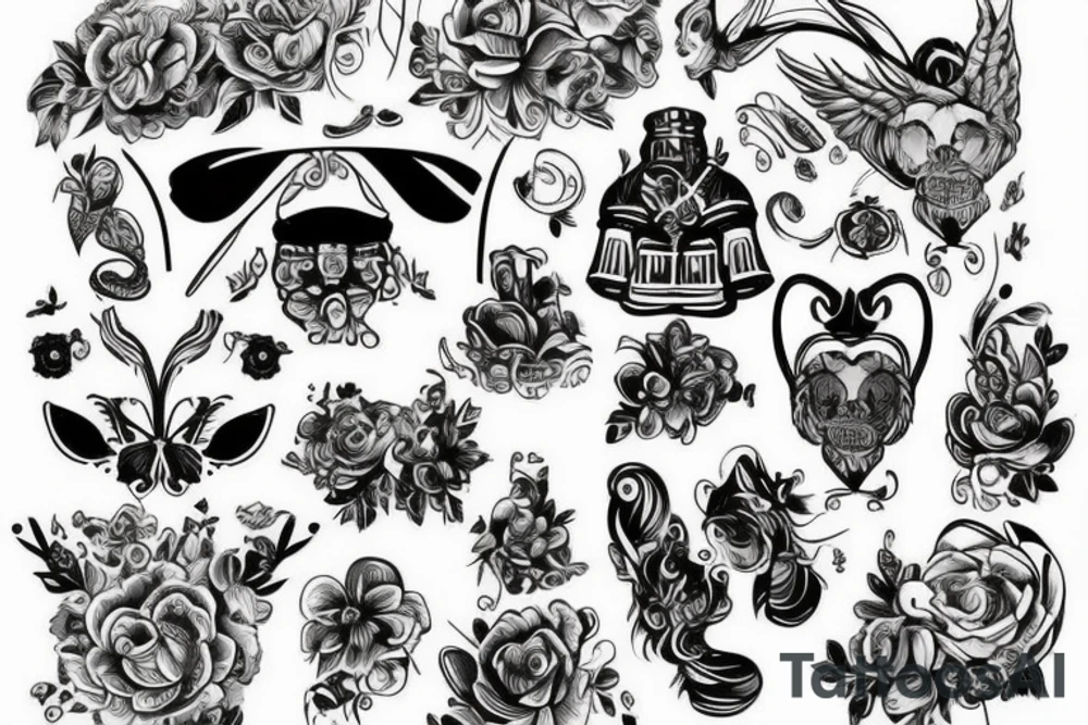 Wednesday z tyłu pajęczyna nad nią latają nietoperze przy jej nodze siedzi czarny kot tattoo idea