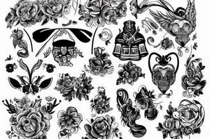 Wednesday z tyłu pajęczyna nad nią latają nietoperze przy jej nodze siedzi czarny kot tattoo idea