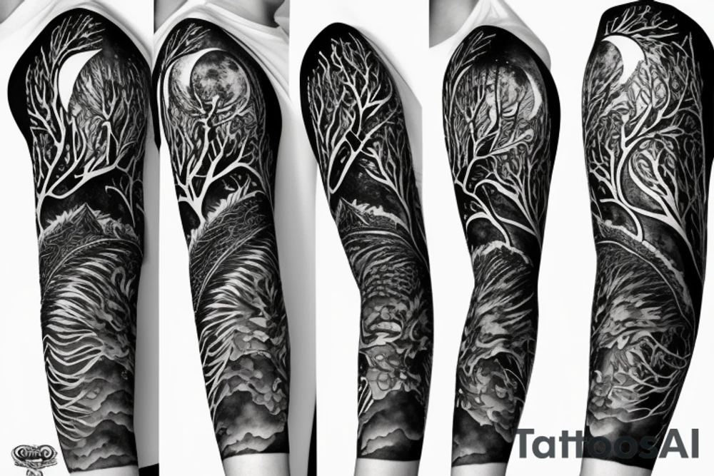 Sleeve with wolf trees moon tattoo idea