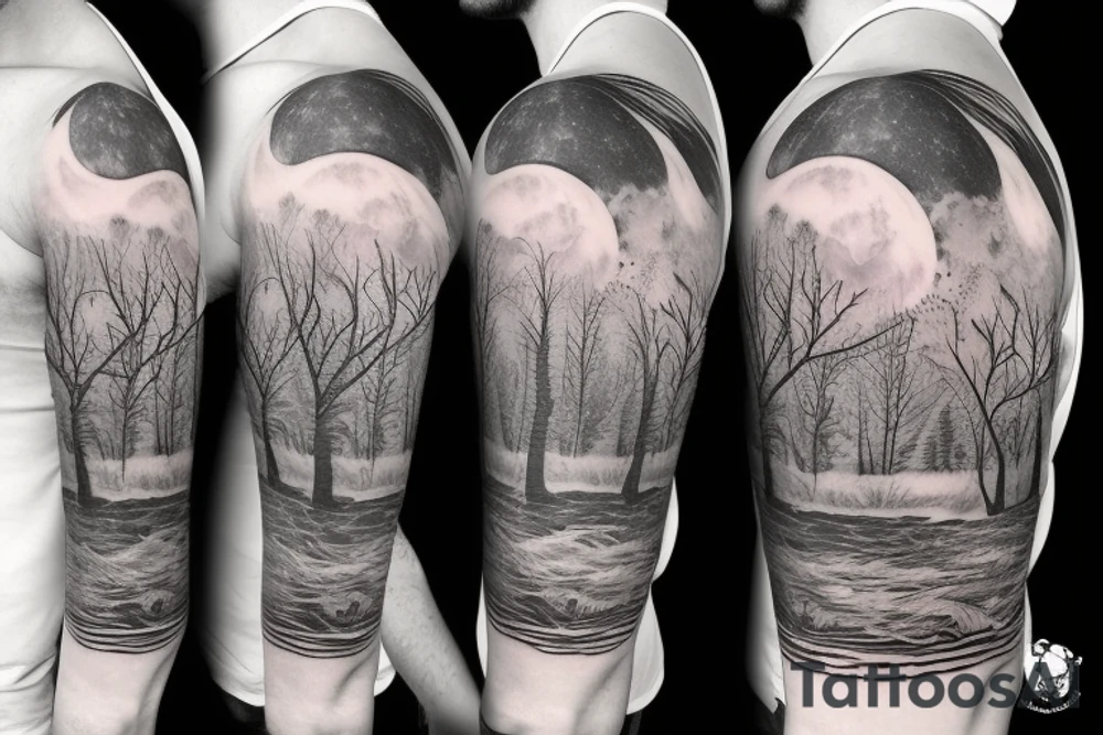 Sleeve with wolf trees moon tattoo idea